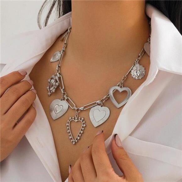 Chunky Heart Pendant Charm Necklace Silver Tone Fashion Layered Jewelry - Picture 3 of 7
